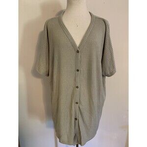 Miholl Tunic Woman’s Size Sz L  Short Sleeve Button Tan Shirt Top Waffle Knit